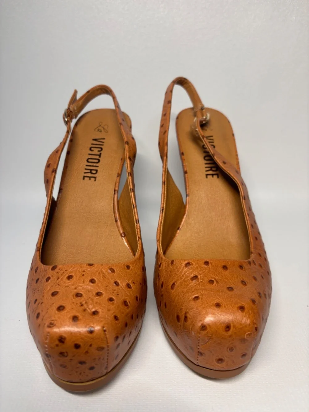 La Victoire Ostrich Embossed Leather Platform Slingback Heels Brown Size 6